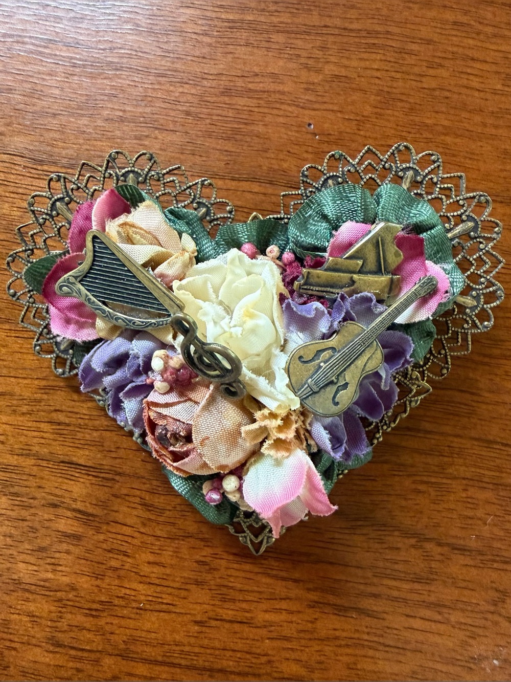Handmade Vintage Artful Floral Heart Brooch with Musical Charms - Multicolor